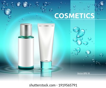 Hydration Cosmetics Packaging Product Mock Up. Shinny Water Splash Blue Effect. Bubbles Of Water On Background