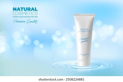 Tubo de creme de hidratação, produto cosmético hidratar água, maquete vetor para modelo de anúncio. Natural hidratante pacote cosmético tubo, skincare ou creme de mão e hidratante de face em ondas de ondulação de água