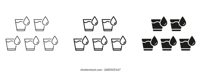 Hydration And Drinking Water Regularly Line and Silhouette Icon Set. Five Glasses Of Water With Droplets. Editable Stroke. Isolated Vector Illustration.