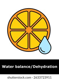 Hydration icon. Citrus slice with water droplet, representing natural fluid intake, nutrition, freshness, and vitamin hydration support.