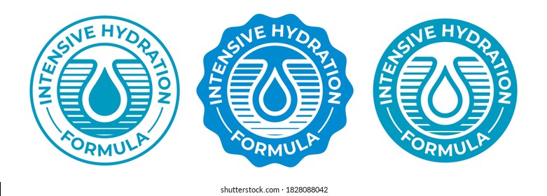 Hydration Icon, Moisturizing Water Drop Vector Logo For Cosmetic Products Package. Intensive Hydration Effect Formula Icon For Moisturizer, Skincare Cream And Hyaluronic Acid Serum