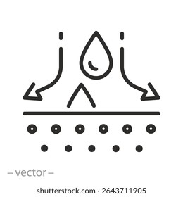 ícone de hidratação, pele hidratante, absorção de água gota, penetração profunda de líquido, símbolos de linha fina sobre fundo branco, ilustração vetorial de traçado editável
