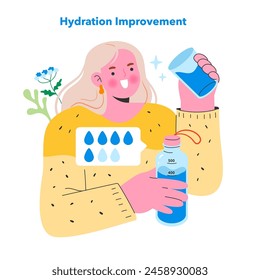 Hydration Improvement concept. Cheerful person managing water intake for better health. Daily habit, drinking water, wellness lifestyle. Vector illustration.