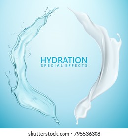 Hydration liquid effect, splashing cream and liquid texture isolated on blue background in 3d illustration