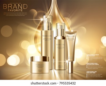 Hydration product ads, essence oil drop with cosmetic set isolated on golden glittering background in 3d illustration