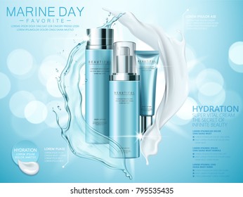 Hydration Product Ads, Splashing Cream And Liquid Texture With Cosmetic Set Isolated On Blue Bokeh Background In 3d Illustration