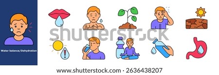 Hydration set icon. Crying, dry lips, chest pain, wilted plant, sun, headache, cracked soil, water droplet, bottle, meditation, stomach hydration, drink.