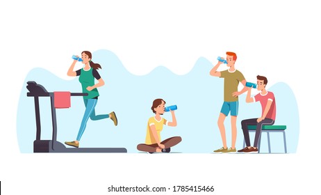 Hydration Set. Men & Women Athletes Doing Exercises & Resting Drinking Water. Sports People Training, Working Out, Jogging On Treadmill, Sitting & Relaxing. Sport & Wellness. Flat Vector Illustration