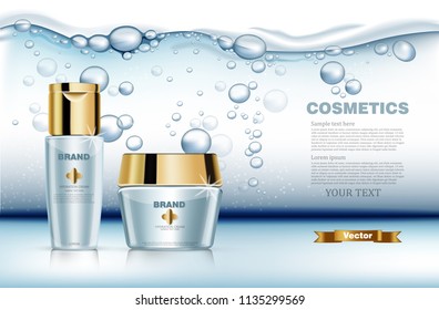 Hydration water cosmetic set Vector realistic. Product packaging mock up. Blue golden bottles cream and lotion. Water splash backgrounds