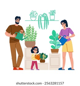 hydration watering indoor plants vector. schedule frequency, over drainage, humidity misting hydration watering indoor plants character. people flat cartoon illustration