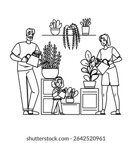 hydration watering indoor plants vector. schedule frequency, over drainage, humidity misting hydration watering indoor plants character. people black line pencil drawing illustration