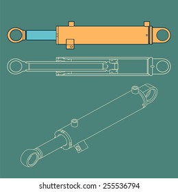 Hydraulic Actuator. Front View, Incision And Axonometry.