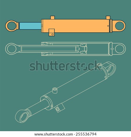Hydraulic actuator. Front view, incision and axonometry.