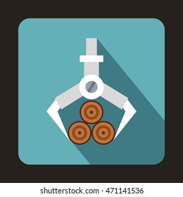 Hydraulic crane with log icon in flat style with long shadow. Felling symbol