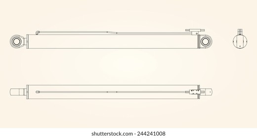 Hydraulic cylinder. Three views of sketch: main,  top and left sides. Elements of the hydraulic actuator: liner, piston, rings.