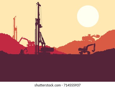 Hydraulic earth hole pile drilling machine, tractors digging at industrial construction site vector background illustration