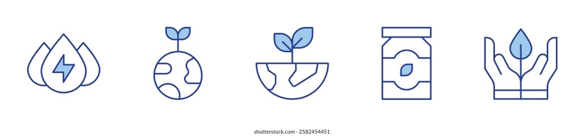 hydraulic energy, eco packaging, sustainable, eco friendly, plant. Ecology Icon vector illustration. Line Duotone style. Editable stroke.