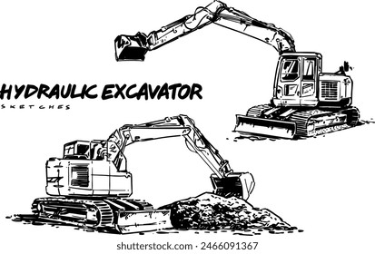 Hydraulic Excavator. Black and White Hand Drawn Sketches. Vecor illustration