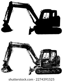 Hydraulic excavator from two different angles in black silhouette 