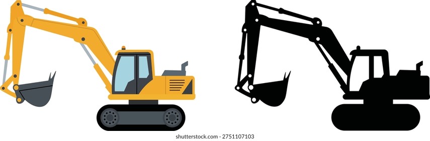 Hydraulic Excavator Vector Illustration – Construction Digger Machine and Industrial Silhouette Equipment