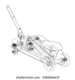 Hydraulic floor jack outline. Vector rendering of 3d. Wire-frame style. The layers of visible and invisible lines are separated