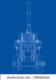 Hydraulic floor jack outline. Vector rendering of 3d. Wire-frame style. The layers of visible and invisible lines are separated