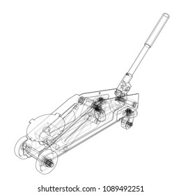 Hydraulic floor jack outline. Vector rendering of 3d. Wire-frame style. The layers of visible and invisible lines are separated