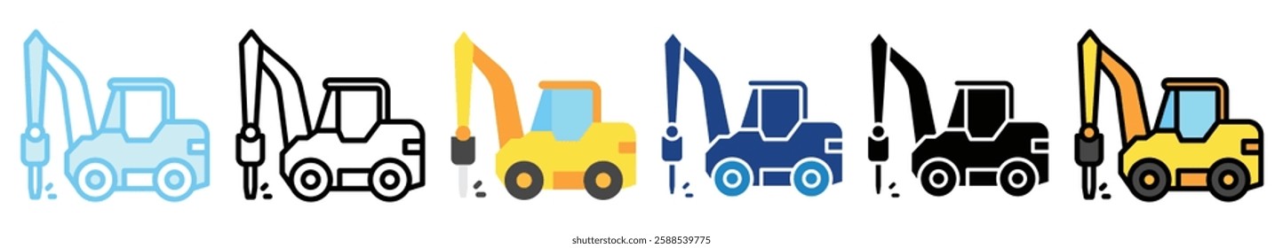 Hydraulic Hammer multi style, mini illustration icon. outline, flat, glyph, line color, UI, UX, app and web, digital or print. related to heavy machinery, industry, road construction theme