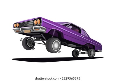 Hydraulic Lowrider Car Jump and Hop Freestyle Cartoon Illustration Vector