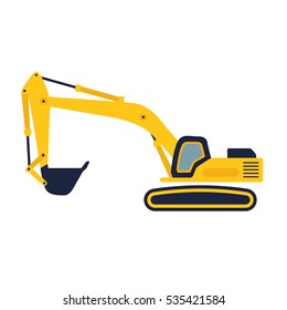 Hydraulic mining excavator vector icon. Heavy construction equipment symbol with boom, dipper and bucket. Construction machinery for digging sand, gravel or dirt. Industrial digger or trackhoe sign.