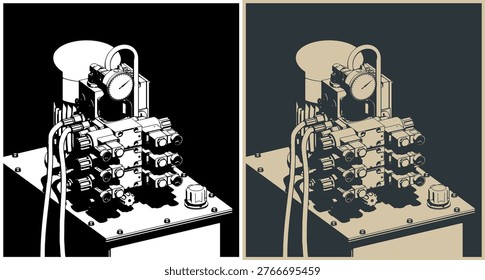 Hydraulic oil station and pump unit with solenoid valves stylized vector illustrations