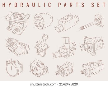 conjunto de piezas hidráulicas. esbozo creativo para diseño gráfico