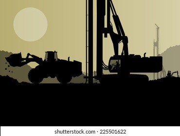 Hydraulic pile drilling machines, tractors and workers digging at industrial construction site vector background illustration