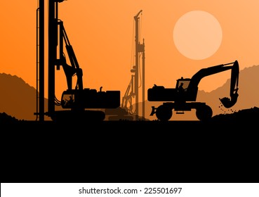 Hydraulic pile drilling machines, tractors and workers digging at industrial construction site vector background illustration