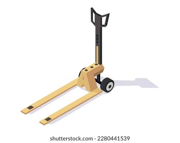 Hydraulic platform trolley isometric view icon isolated on white background. Warehouse moving forklift. Industry equipment cargo cart at store. Industrial yellow color moving tool. Vector illustration
