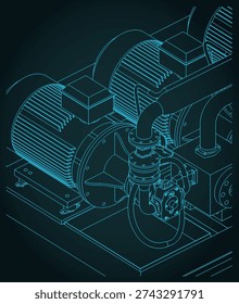 Hydraulic power pack isometric blueprint close up stylized vector illustration