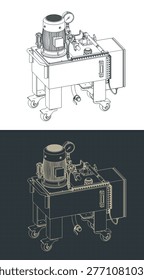 Hydraulic power unit isometric technical drawings. Illustration of industrial oil pump station