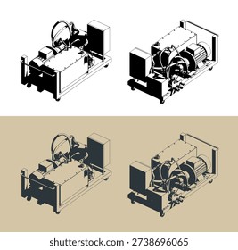 Hydraulic power unit stylized isometric vector illustrations
