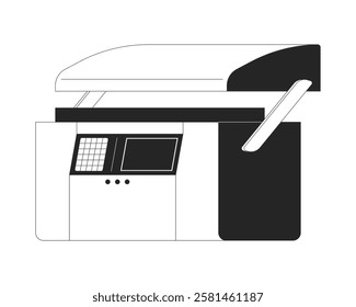 Hydraulic press brake machine black and white 2D line object. Industrial equipment for manufacturing processes. Modern technology isolated clip art vector outline item. Monochromatic spot illustration