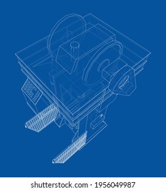 Hydraulic Press. Vector rendering of 3d. Wire-frame style
