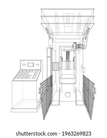 Hydraulic Press. Vector rendering of 3d. Wire-frame style