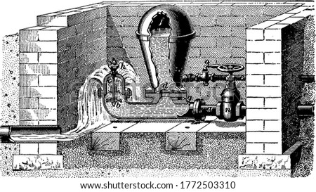 The hydraulic ram that uses alternating water pressure, air pressureand suction to provide a steady stream of water through the delivery pipe, 'e', vintage line drawing or engraving illustration