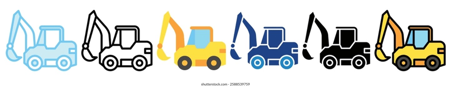 Hydraulic Shovel multi style, mini illustration icon. outline, flat, glyph, line color, UI, UX, app and web, digital or print. related to heavy machinery, industry, road construction theme