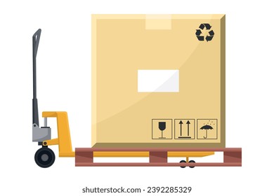 Hydraulic skate with box stacked on a pallet. Cargo and shipping logistics. Industrial storage and distribution of products