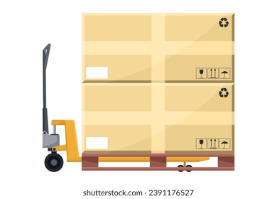 Hydraulic skate with boxes stacked on a pallet for export and transportation. Cargo and shipping logistics. Industrial storage and distribution of products