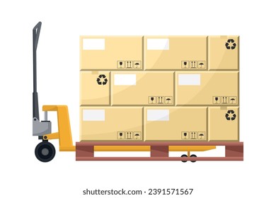 Hydraulic skate with boxes stacked on a pallet. Cargo and shipping logistics. Industrial storage and distribution of products