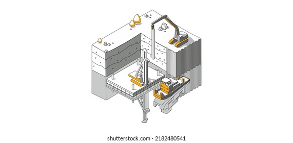 Hydraulic structures and shore protection works on the earth and on water.  larsen sheet pile, hydraulic hammer and pusher barge. Vector isometric illustration. 