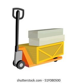 Hydraulic trolley jack with heavy boxes with goods. Buying building materials in supermarket with hand pullet truck. Delivering overall goods. Flat design illustration for ad and concepts