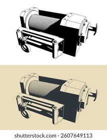 Hydraulic winch stylized vector illustrations