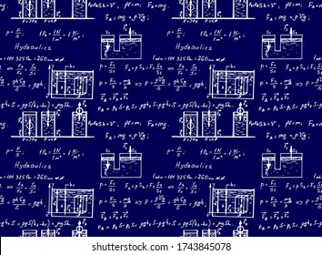 Hydraulics. Fluid law theory and  mathematical formula.  Physics   equation, doodle handwriting icon in blueprint background with hand drawn model, vector. Vintage seamless pattern.